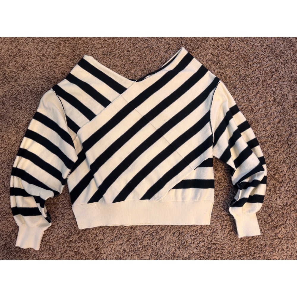 Natural Fiber Quality Black White Striped Wrap Front Sweater Size Small